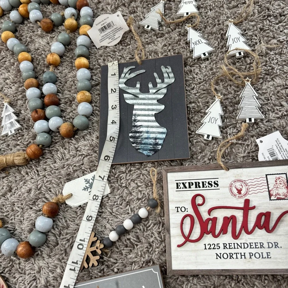 Holiday Time Rustic Farmhouse Christmas Decor Bundle Bead Garland Signs Ornament